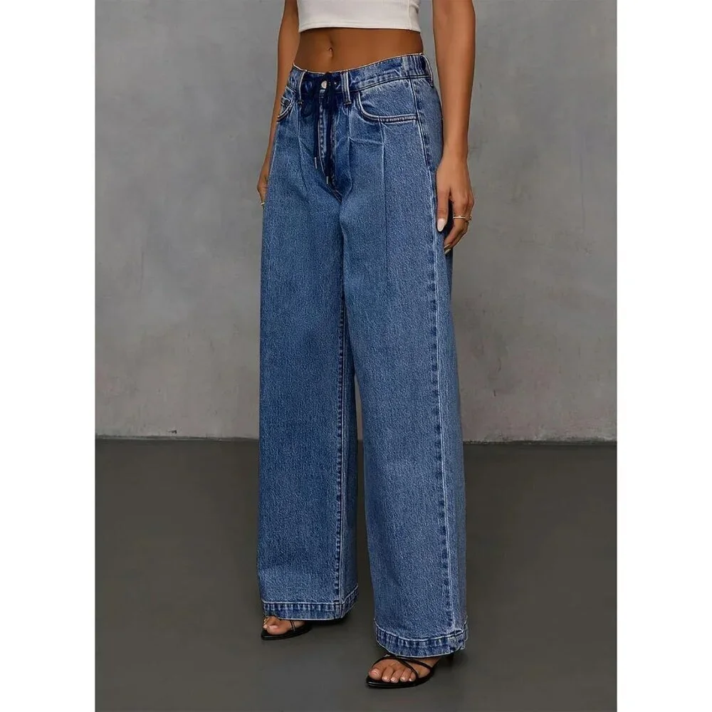 Women's Wide Leg High Waist Drawstring Jeans Stretchy Baggy Casual Pant